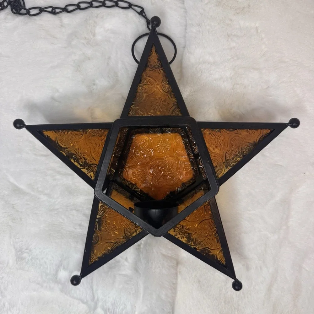 VTG Moroccan Star Style Amber Glass Metal Hanging Tea Light Candle Lantern 9.5